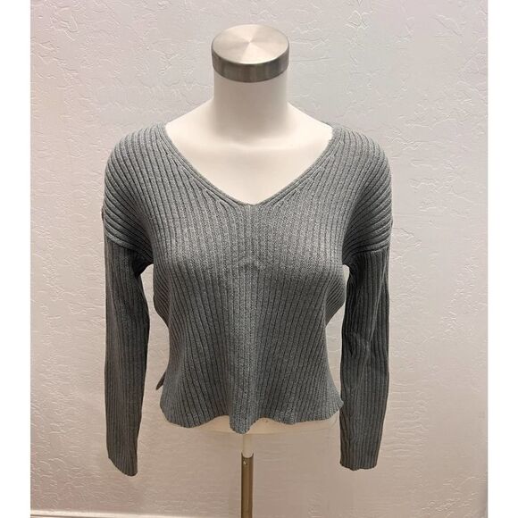 Wild Fable Grey Sweater Ribbed Knit V Neck Crop Sz‎ Large New with Defect - Picture 1 of 15